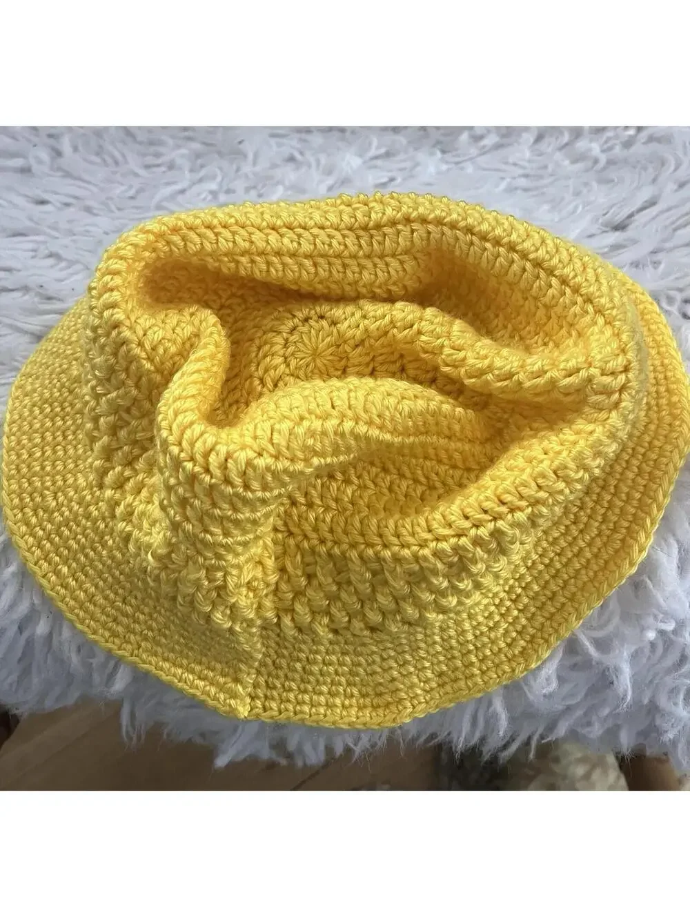 Handmade Crocheted Bright Yellow Bucket Sun Hat Boho Festival 40s Gatsby Summer